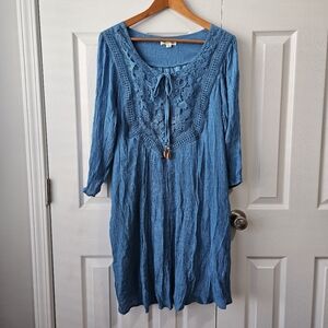 Indigo Rose Womens Crochet Detail Tunic Length Boho Whimsical Blue Dress Size 2X